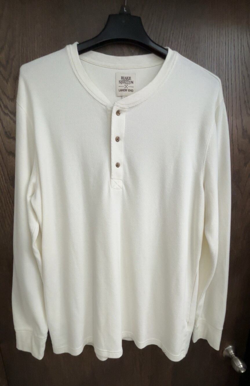 Blake Shelton x Lands End Men XL Tall Waffle Knit Thermal Henley Shirt Ivory